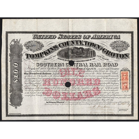 Tompkins County, Town of Groton - Southern Central Rail Road 1867 Bond Certificate