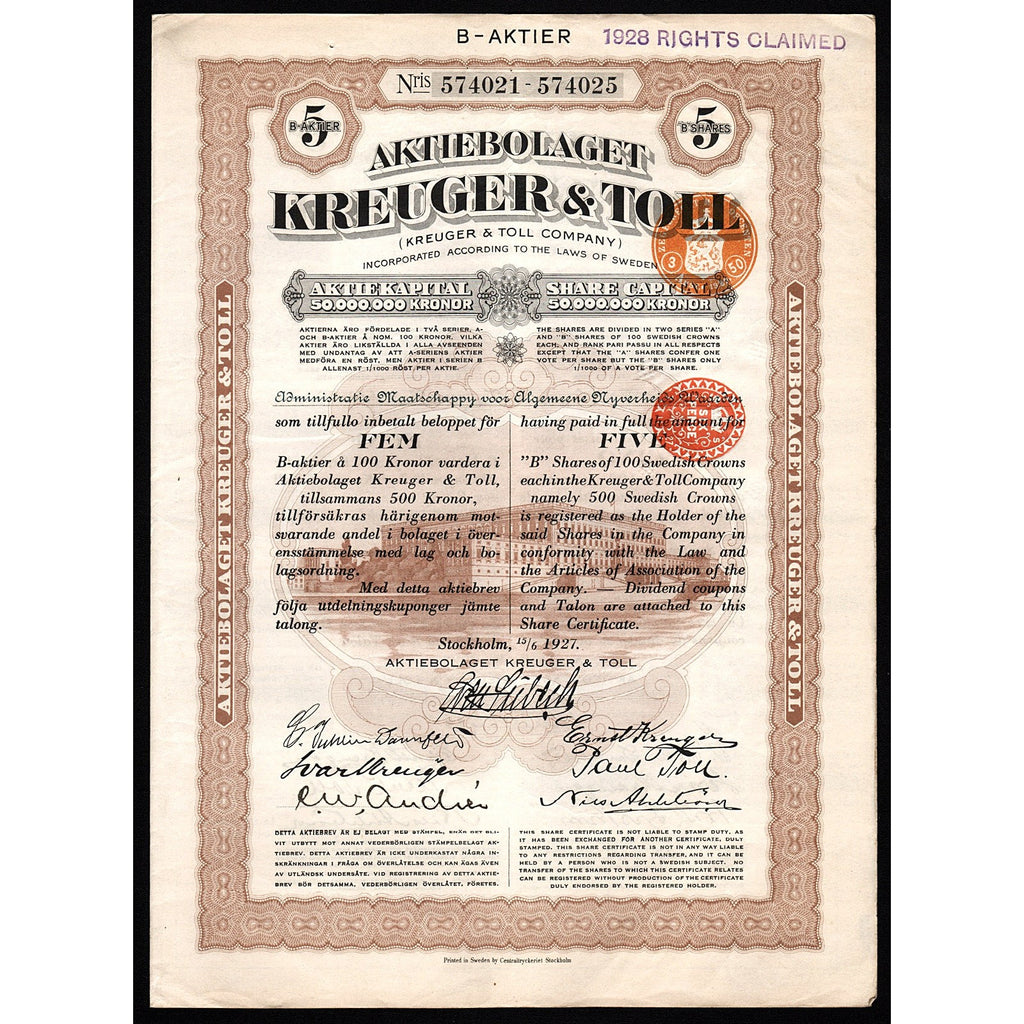 Aktiebolaget Kreuger & Toll - 500 Kr 1927  Sweden Stock Certificate