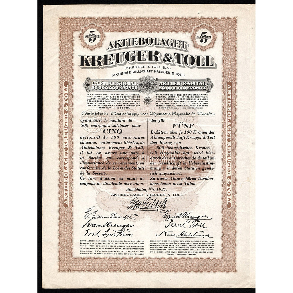 Aktiebolaget Kreuger & Toll - 500 Kr 1927 Sweden