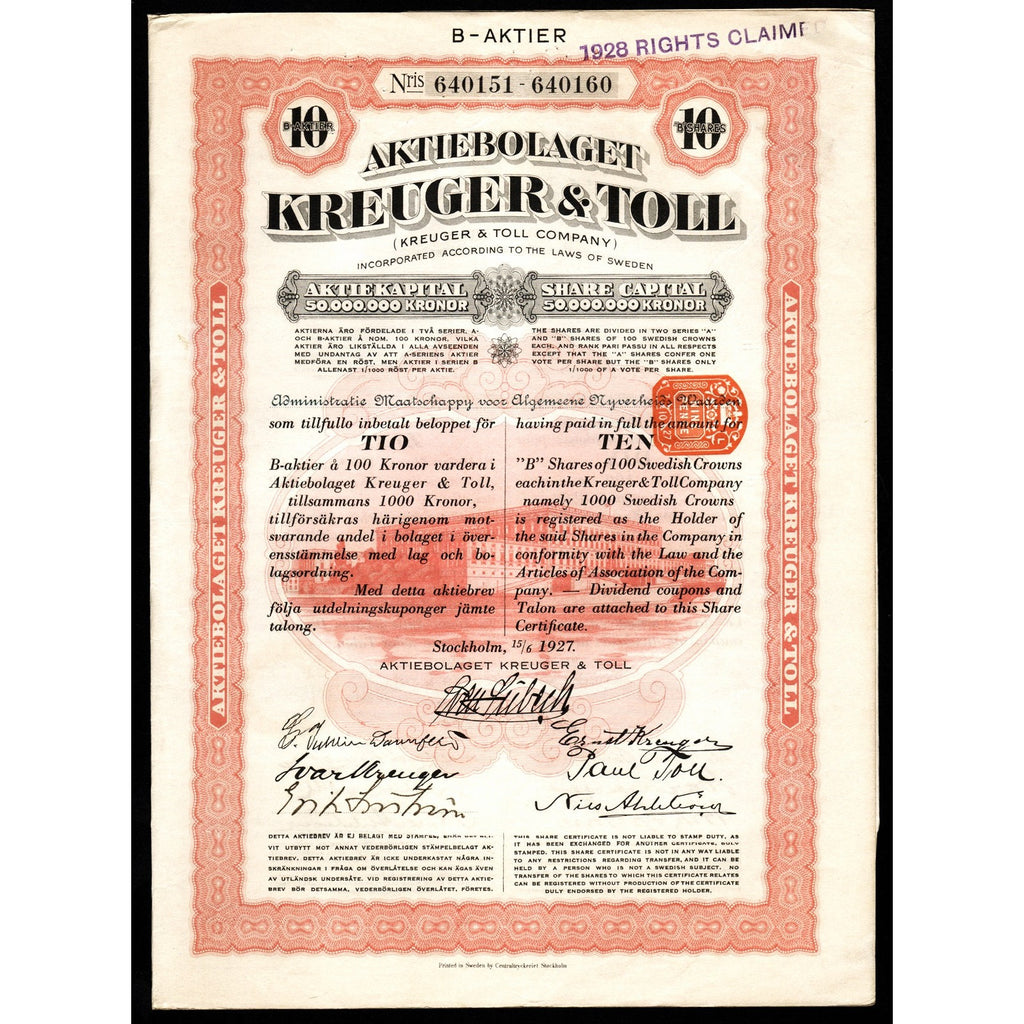 Aktiebolaget Kreuger & Toll - 1000 Kr 1927 Sweden Stock Certificate