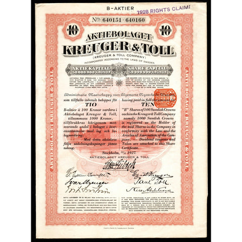 Aktiebolaget Kreuger & Toll - 1000 Kr 1927 Sweden Stock Certificate