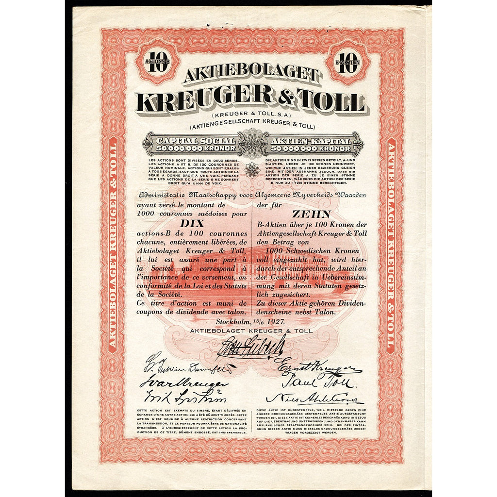 Aktiebolaget Kreuger & Toll - 1000 Kr 1927 Sweden