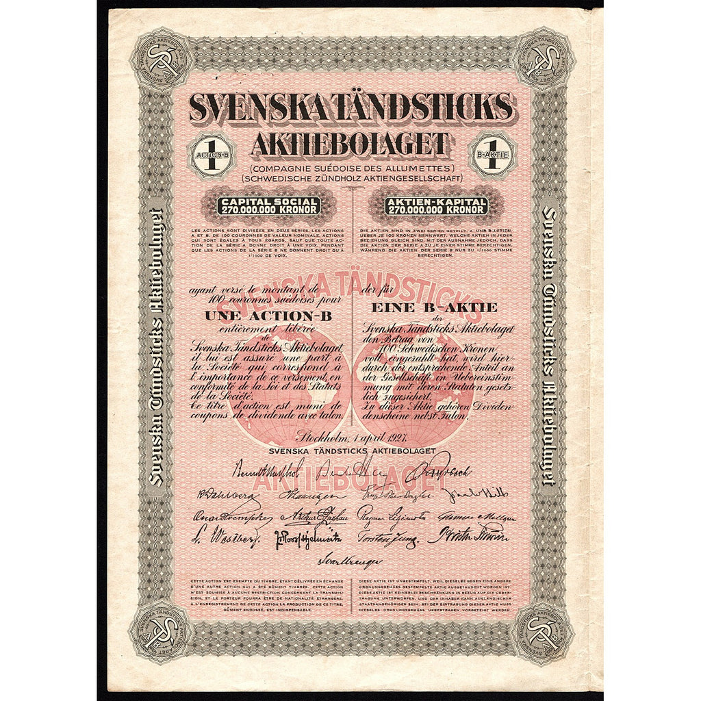 Svenska Tändsticks Swedish Match Company 1927 Sweden Stock Certificate