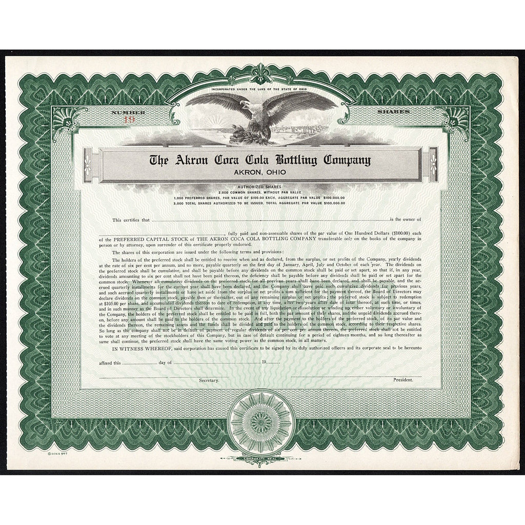 The Akron Coca Cola Bottling Company Stock Certificate