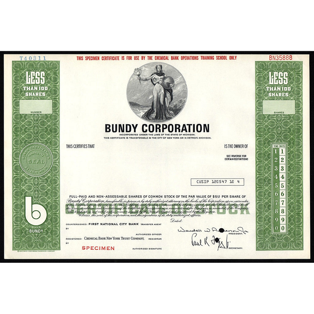 Bundy Corporation Stock Certificate Specimen