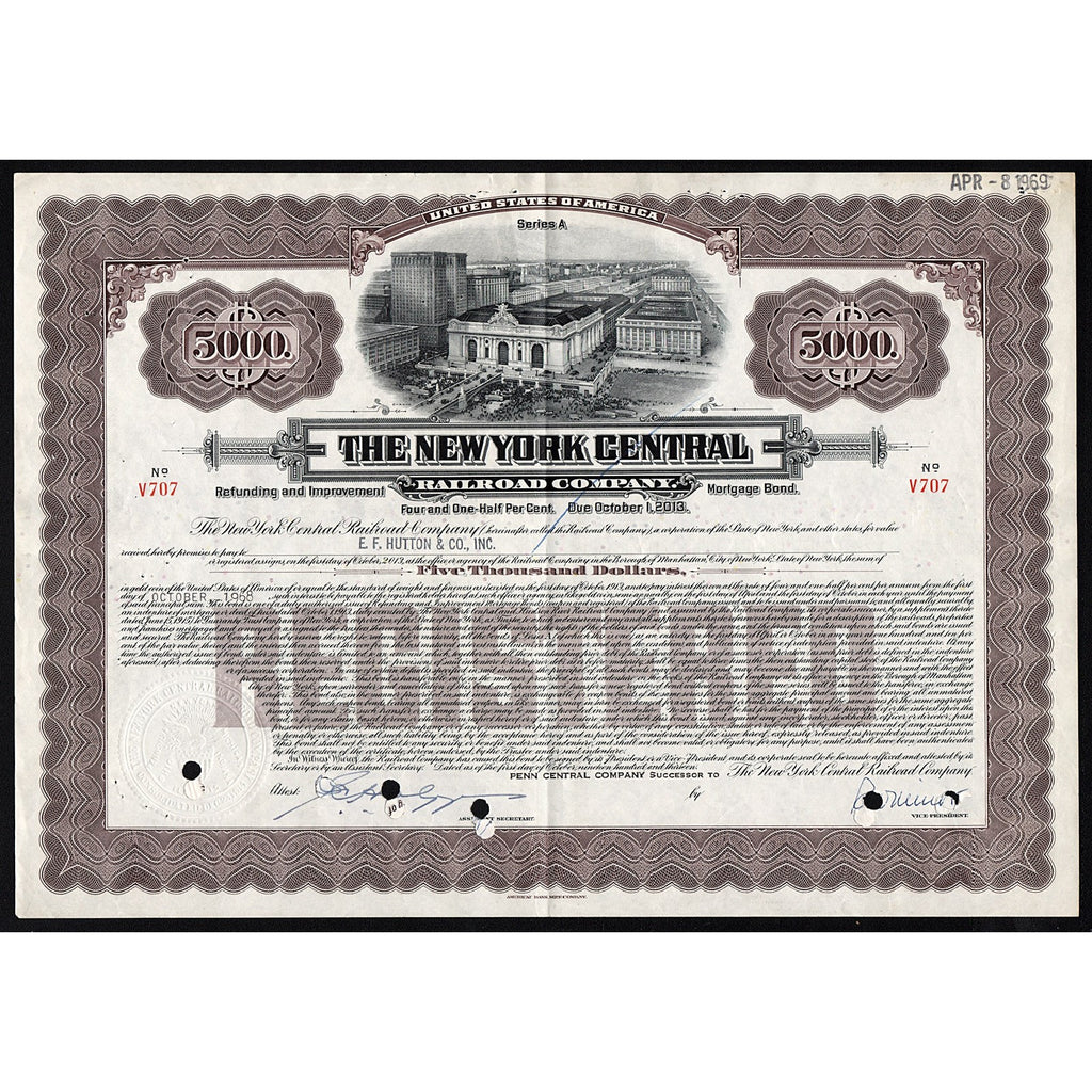 The New York Central Railroad Company $5000 Bond Certificate