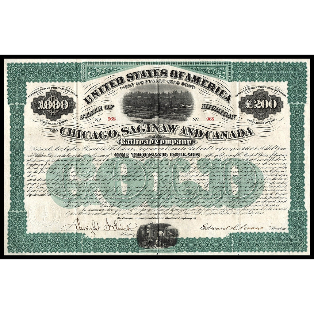 1873 Chicago, Saginaw and Canada Railroad Company Michigan Gold Bond