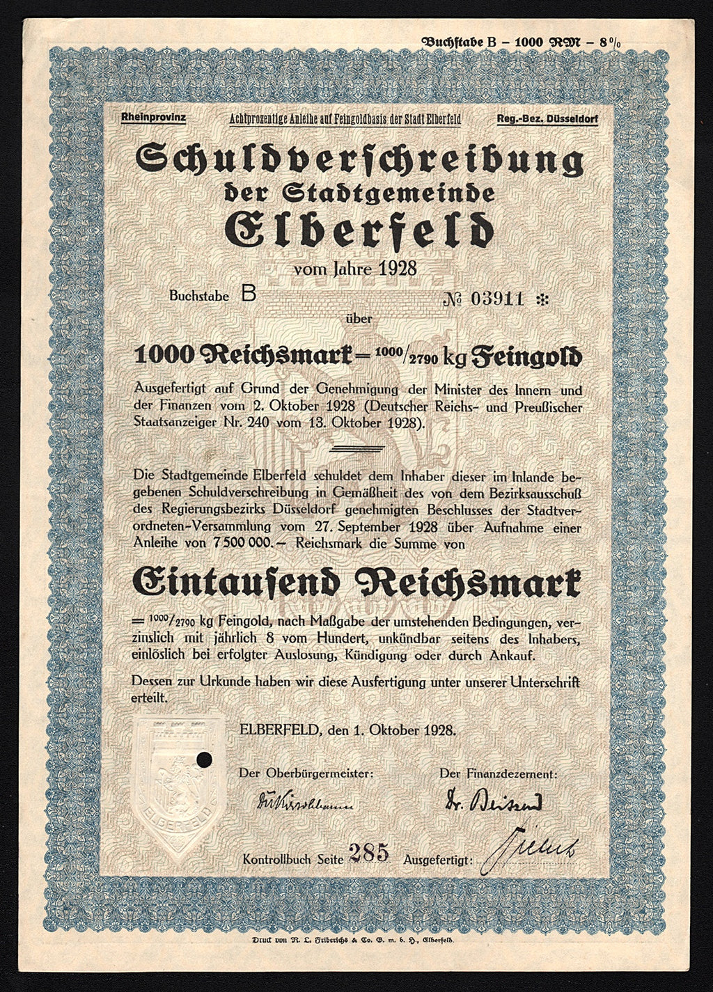 Schuldverschreibung der Stadtgemeinde Elberfeld Gold Bond 1928 Germany