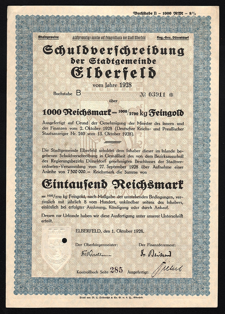 Schuldverschreibung der Stadtgemeinde Elberfeld Gold Bond 1928 Germany