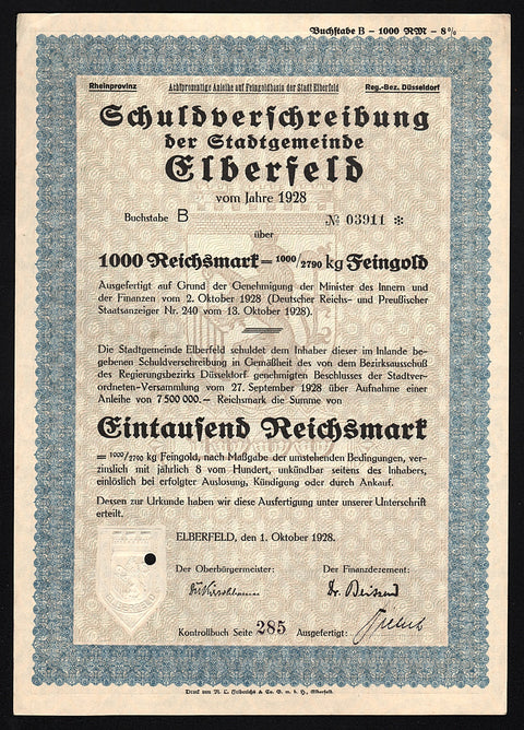 Schuldverschreibung der Stadtgemeinde Elberfeld Gold Bond 1928 Germany