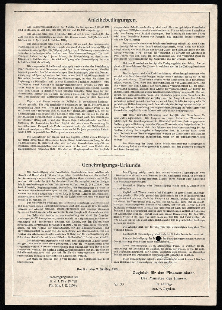 Schuldverschreibung der Stadtgemeinde Elberfeld (Gold Bond)