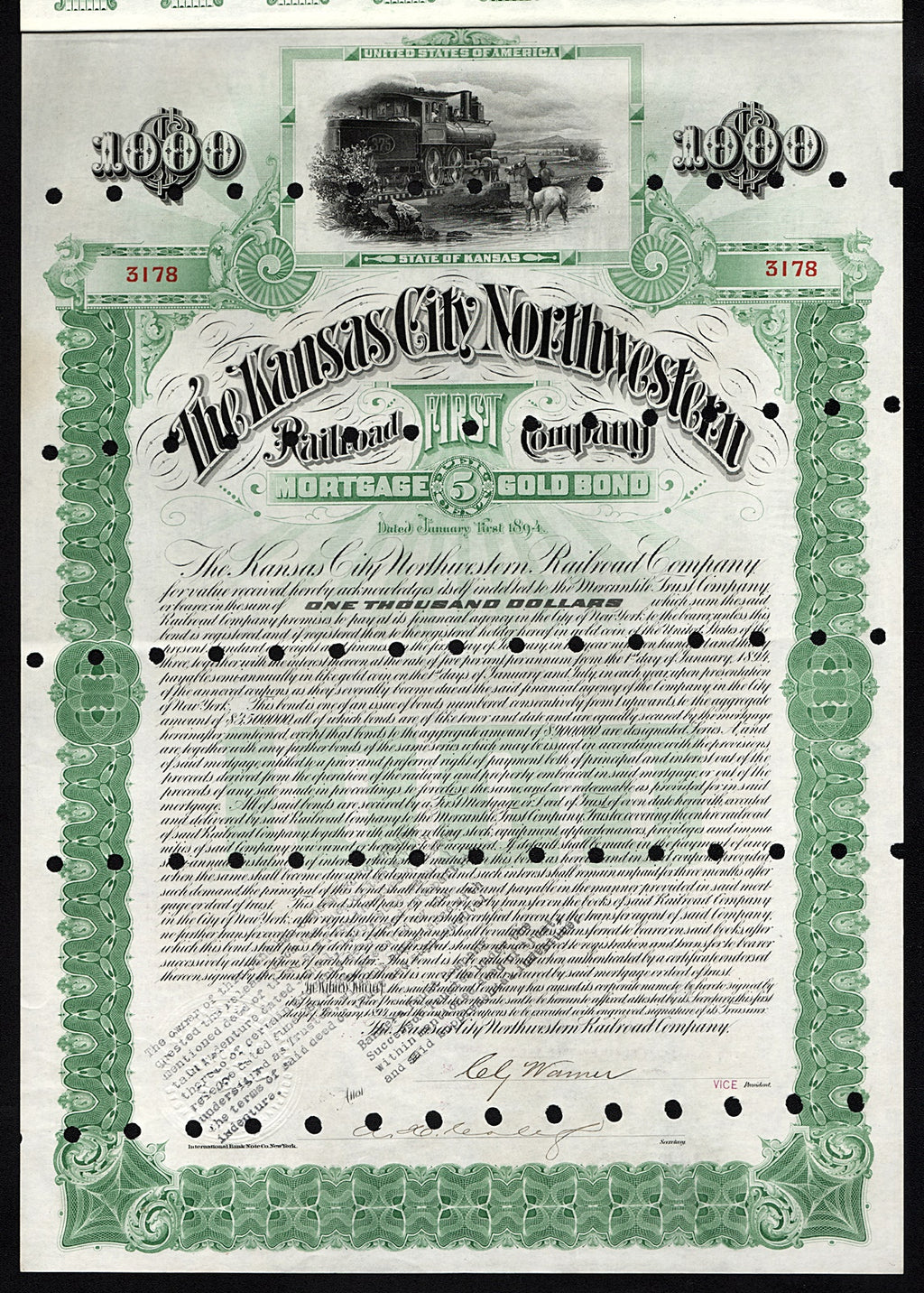 The Kansas City Northwestern Railroad Company 1894 Bond