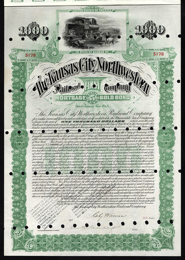 The Kansas City Northwestern Railroad Company 1894 Bond