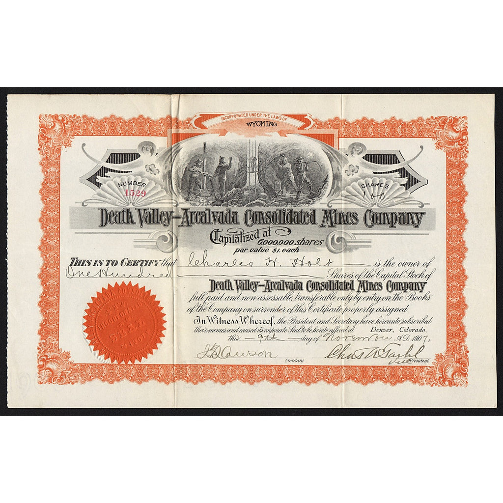 Death Valley-Arcalvada Consolidated Stock Certificate