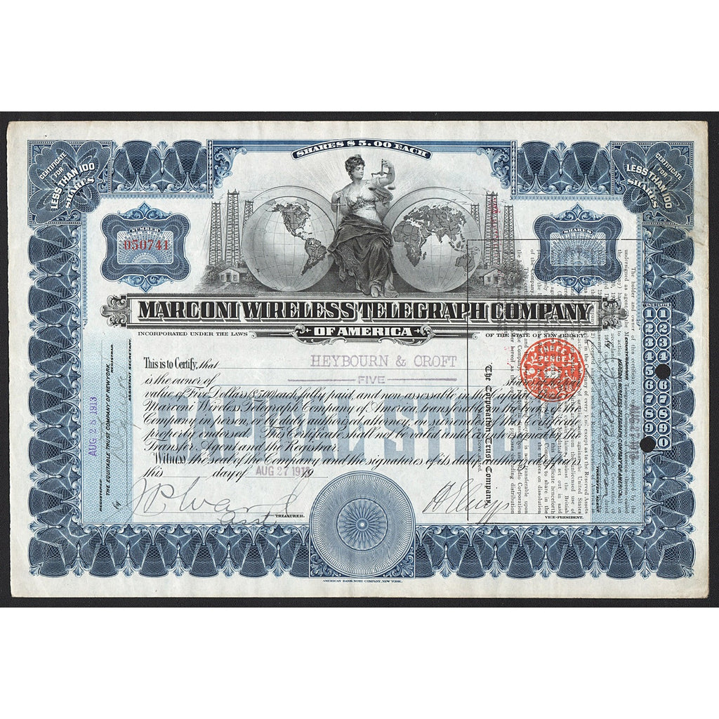 Marconi Wireless Telegraph Company of America 1913 Stock Certificate