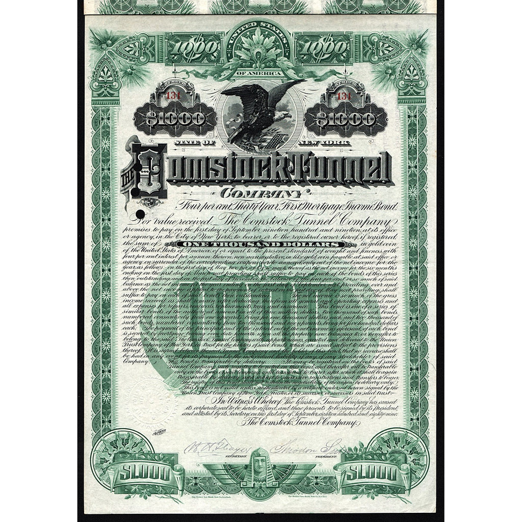 Comstock Tunnel Company (Theodore Sutro) 1889 Bond Certificate