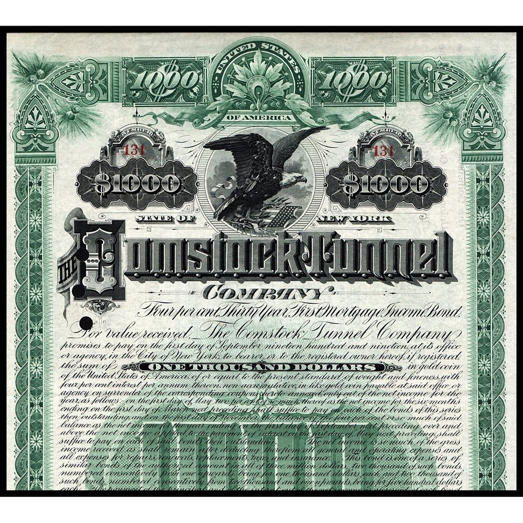 Comstock Tunnel Company (Theodore Sutro signature) Bond Certificate