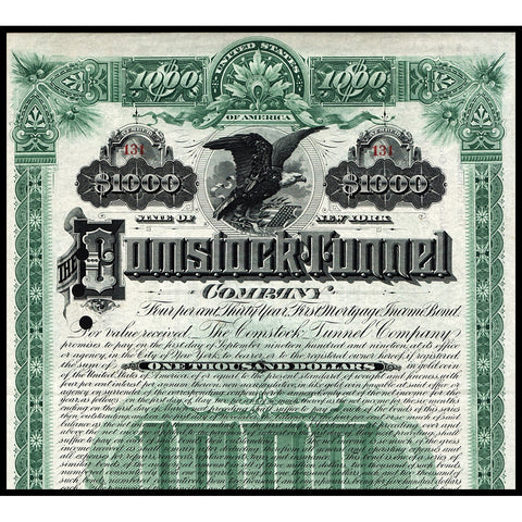 Comstock Tunnel Company (Theodore Sutro signature) Bond Certificate
