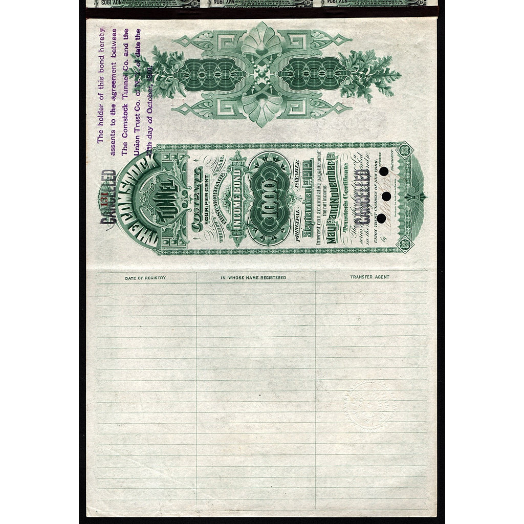 Comstock Tunnel Company $1000 (Theodore Sutro signature)