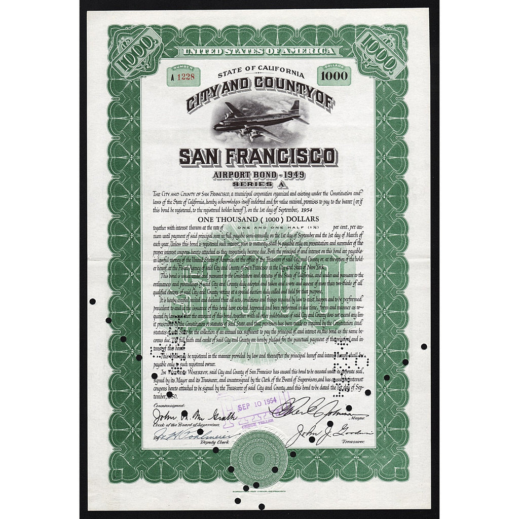 City and County of San Francisco Airport Bond Certificate