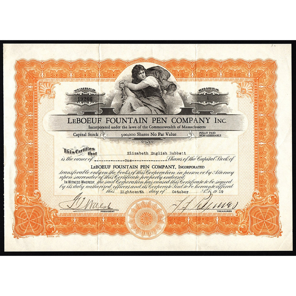 LeBoeuf Fountain Pen Company, Inc. Massachusetts Stock Certificate