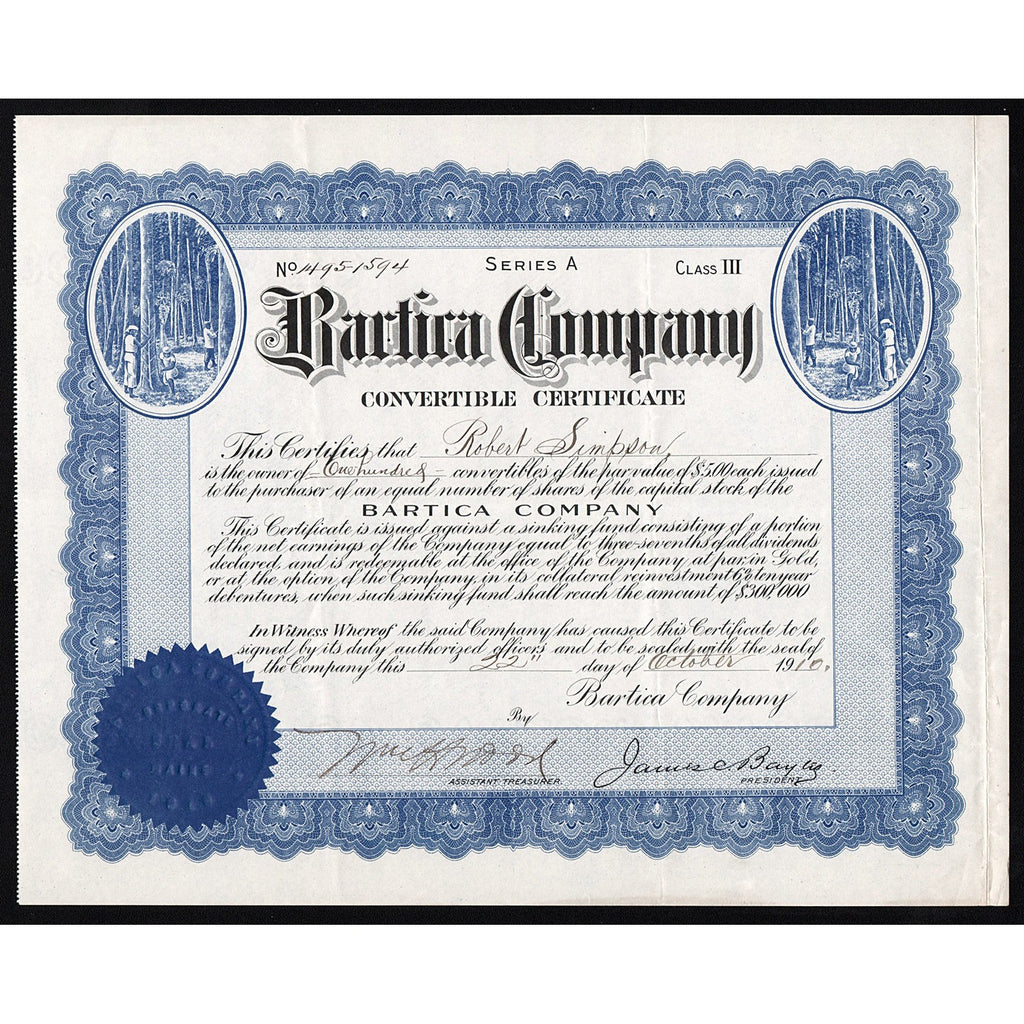 Bartica Company (Rubber Plantation - Guyana) Stock Certificate
