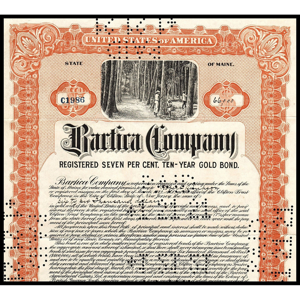 Bartica Company (Rubber Plantation - Guyana) Gold Bond Certificate