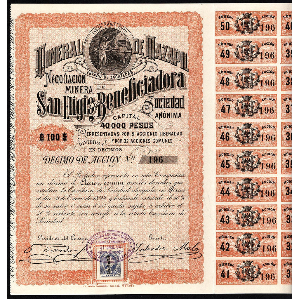 Mineral de Mazapil Negociacion Minera de San Eligio o la Beneficiadora Stock Certificate