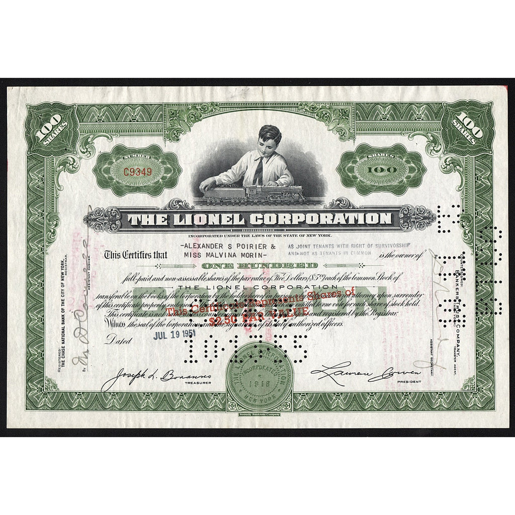 The Lionel Corporation (Model Trains) Stock Certificate