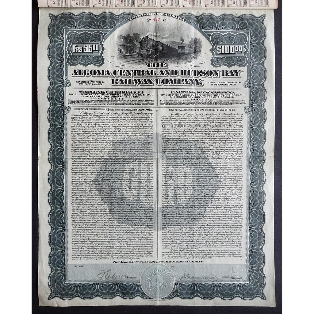 The Algoma Central and Hudson Bay Railway Company Canada Bond Certificate