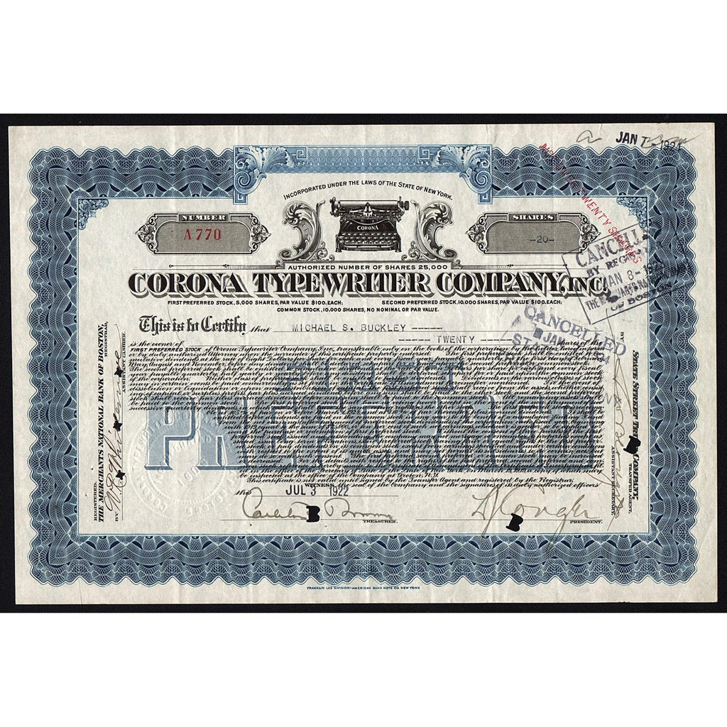 Corona Typewriter Company Stock Certificate