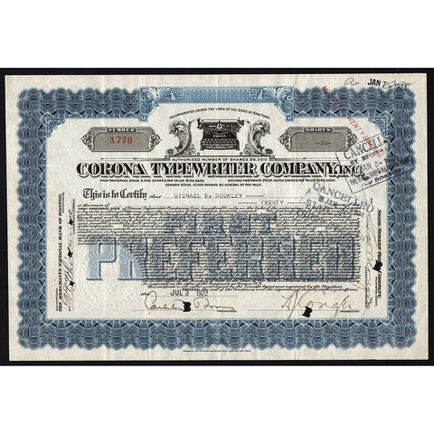 Corona Typewriter Company Stock Certificate