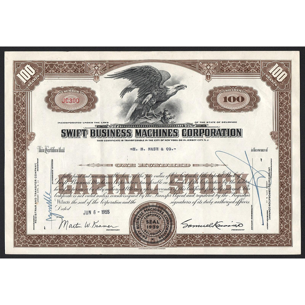Swift Business Machines Corporation Stock Certificate
