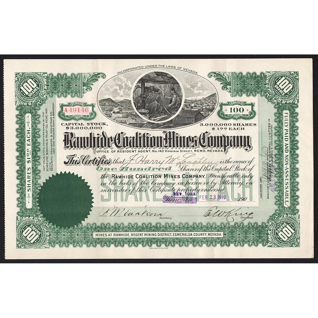 Rawhide Coalition Mines Company Reno Nevada Stock Certificate