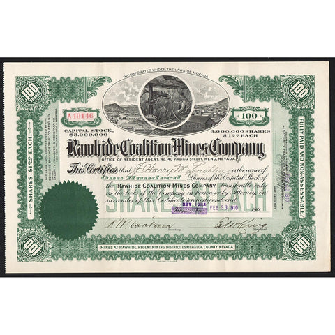 Rawhide Coalition Mines Company Reno Nevada Stock Certificate