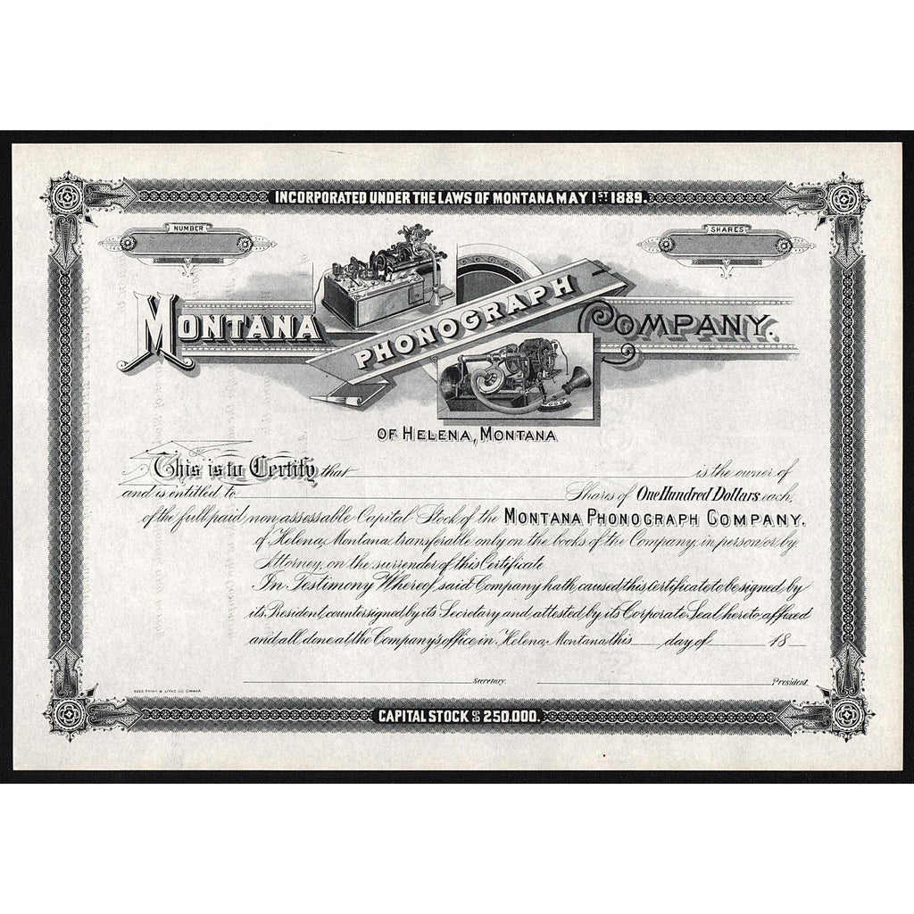 Montana Phonograph Company Stock Certificate