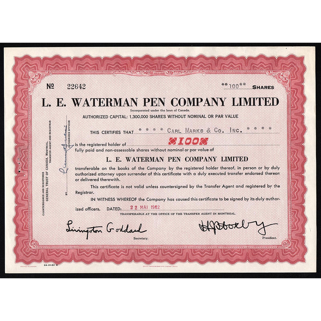 L. E. Waterman Pen Company Limited Canada Stock Certificate