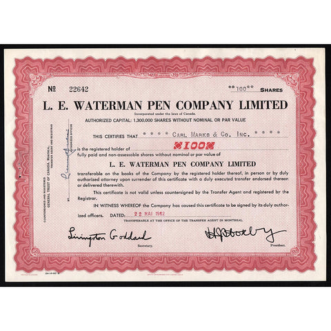 L. E. Waterman Pen Company Limited Canada Stock Certificate