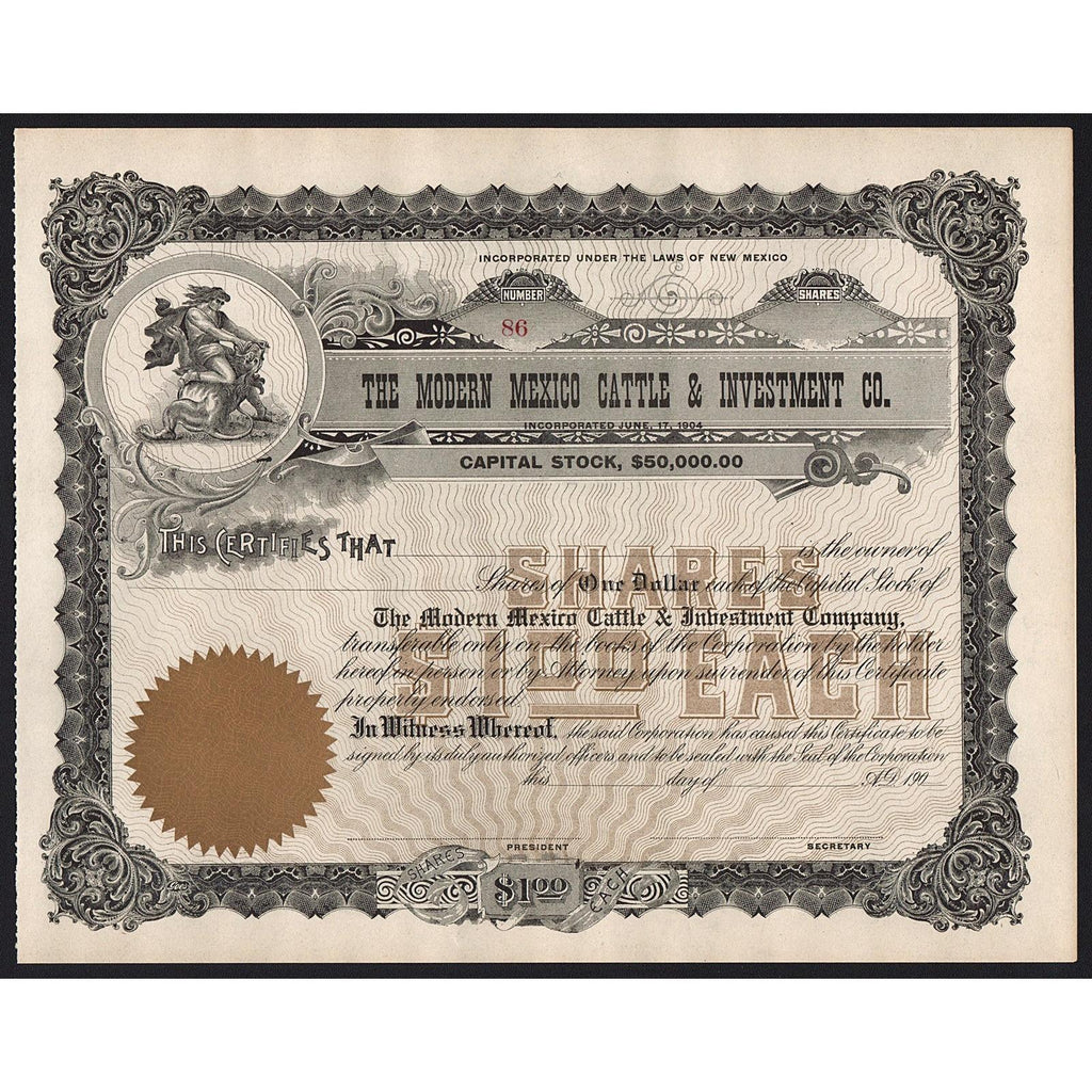 The Modern Mexico Cattle & Investment Company Stock Certificate