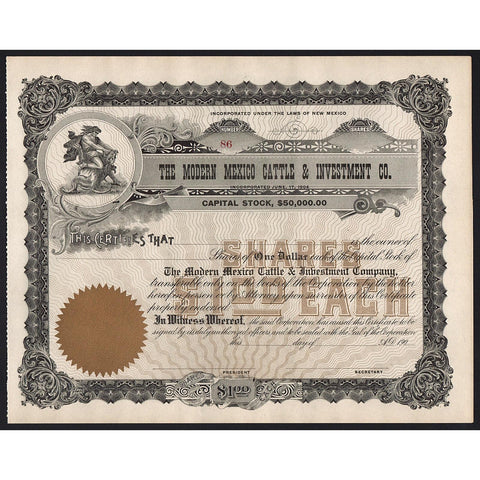 The Modern Mexico Cattle & Investment Company Stock Certificate