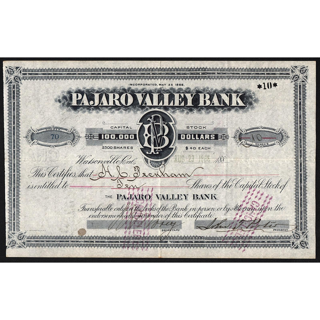 Pajaro Valley Bank, Watsonville, California Stock Certificate