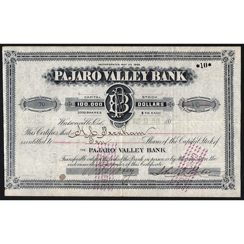 Pajaro Valley Bank, Watsonville, California Stock Certificate