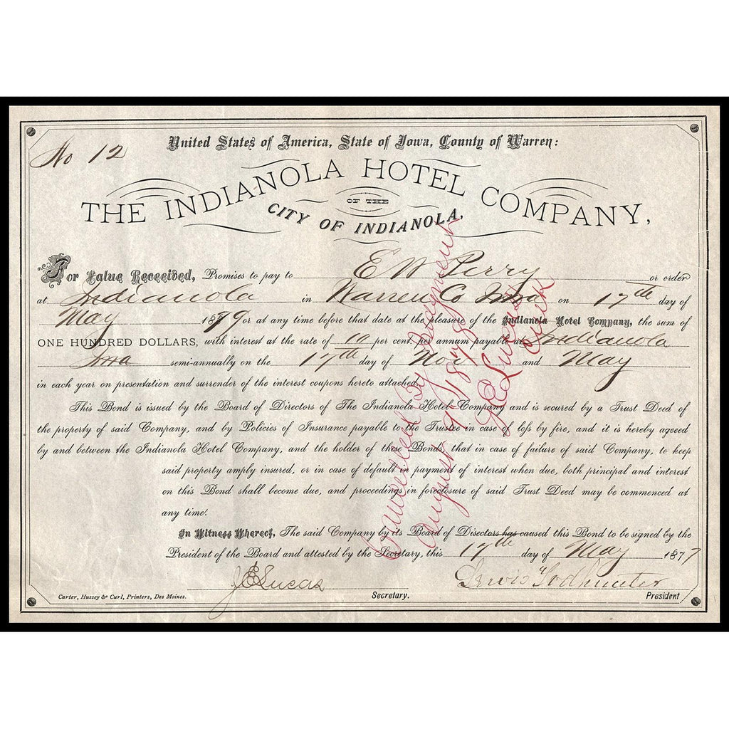The Indianola Hotel Company Warren, Iowa Bond Certificate