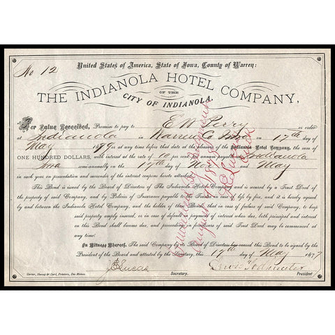 The Indianola Hotel Company Warren, Iowa Bond Certificate