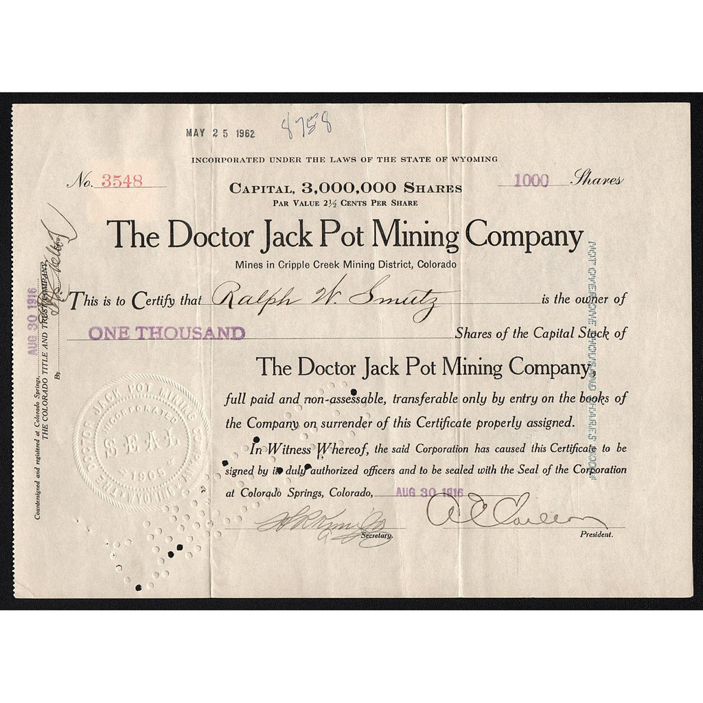 The Doctor Jack Pot Mining Company Cripple Creek Stock Certificate