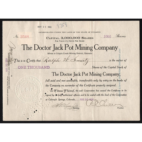 The Doctor Jack Pot Mining Company Cripple Creek Stock Certificate
