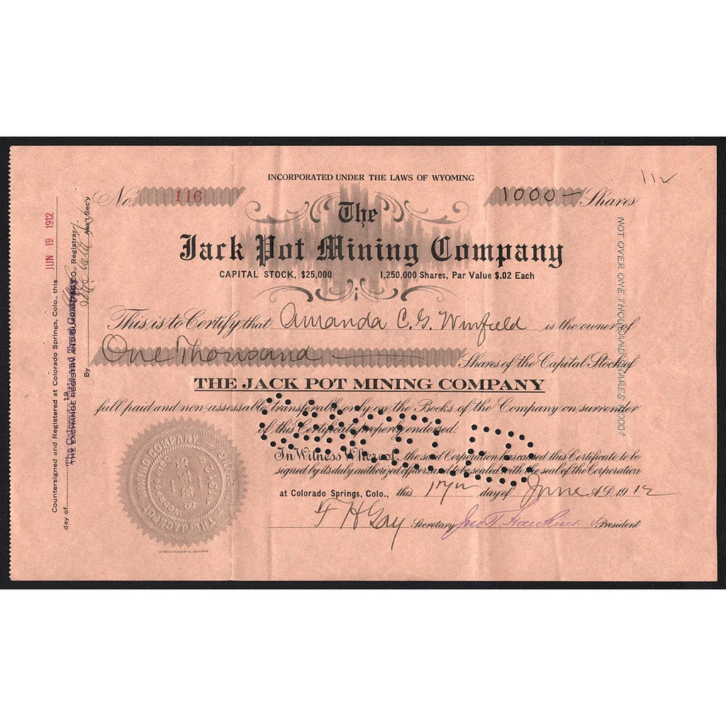 Jack Pot Mining Company Colorado Stock Certificate