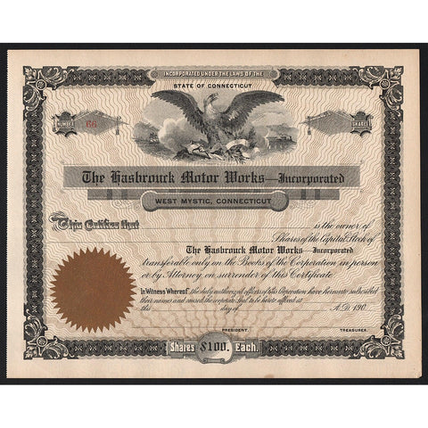 The Hasbrouck Motor Works Incorporated, West Mystic, Connecticut Stock Certificate