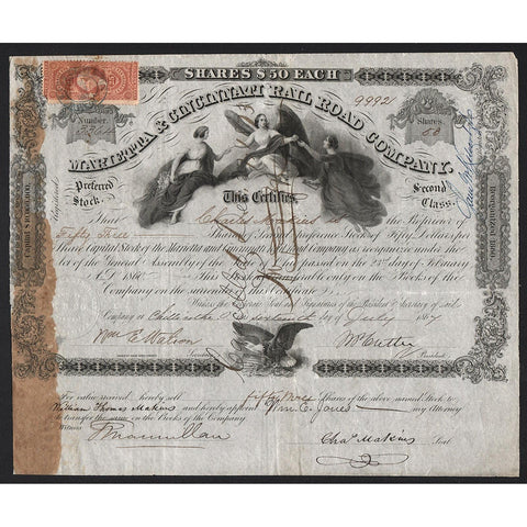 Marietta & Cincinnati Rail Road Company 1867 Stock Certificate