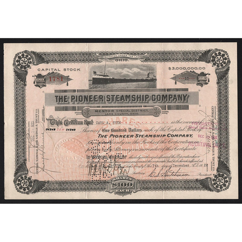The Pioneer Steamship Company Ohio Stock Certificate